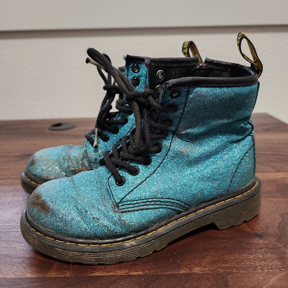 Kid's Dr. Martens Blue Glitter In Lake Lace Up Boots